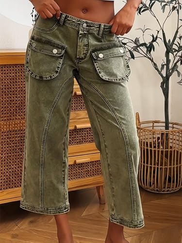 Flamingals Straight Leg Pants for Women Mid Rise Casual Cargo Slim Flap Pockets Solid Cropped Pants3