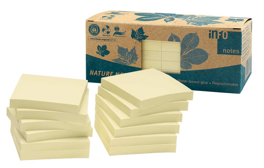 100% Recycling Haftnotizen, gelb, 75 x 75mm, zertifiziert mit dem Blauen Engel, 100 Blatt pro Block, 12 Blöcke in Recycling Box verpackt, 20 Boxen im Karton