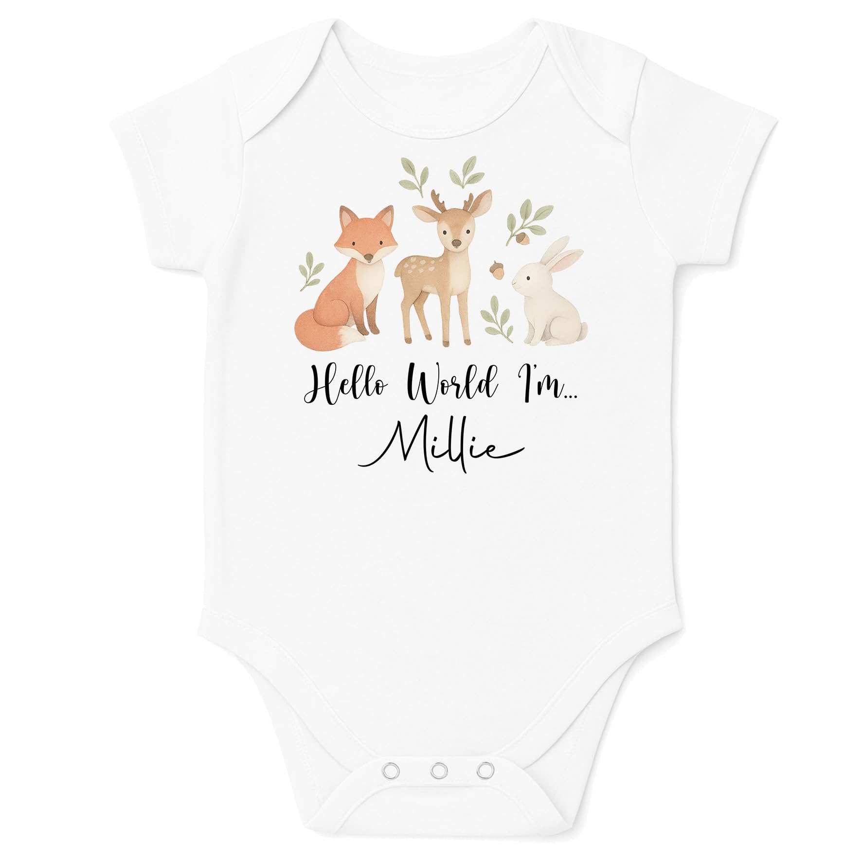Personalised Baby Announcement Bodysuit Vest Hello World (Hello World Woodland Animals, 0-3 Months)