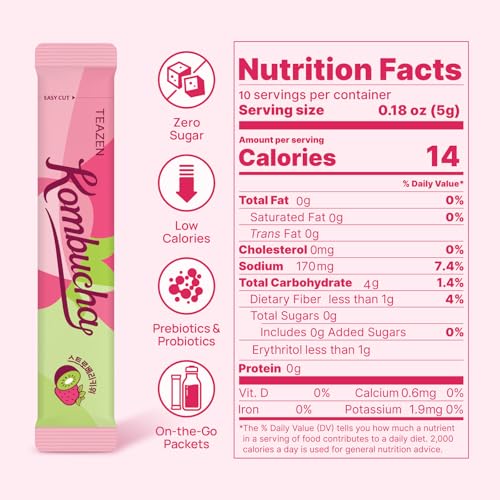 Image of TEAZEN Strawberry&Kiwi Kombucha Powder, Hydration Drink Mix, Sugar Free, Live Probiotics & Prebiotics, On-the-Go 10 Packets, 1.76oz