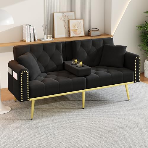 Merax Schlafsofa Klappbares Sofa mit Schlaffunktion, 2 Sitzer klappsofa mit Verstellbarer Rückenlehne und Liegefunktion - Sofabett aus Samtstoff, für Wohnzimmer/Schlafzimmer/Gästezimmer, Schwarz