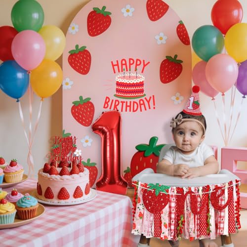 Image of Strawberry Highchair Banner for Girls First Birthday Party Decorations | Berry 1st High Chair Fabric Banner for Sweet One Birthday Backdrop Decorations Strawberry Baby Shower Party Supplies