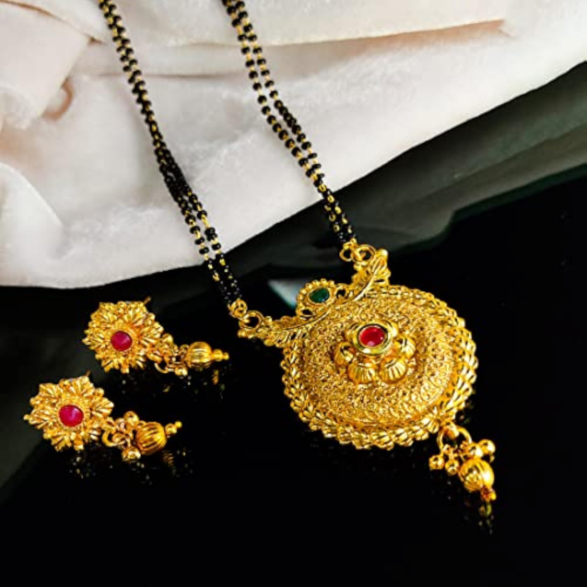 Gold Plated Mangalsutra Set with Earrings, Traditional Indian Style