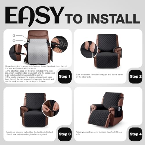 Image of KinCam 100% Waterproof Recliner Chair Cover, Reclining Couch Covers for Pets, Dogs, Recliner Couch Slipcover Furniture Protector with Elastic Straps for Kids(23.6 inch, Black)