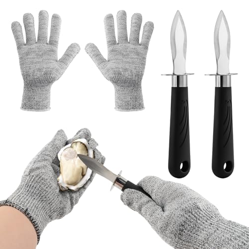 Oyster Shucking Knife Set,2 Stainless Steel Oyster Knifes and Cut Resistan-t Gloves,Oyster Shucker Kit Suitable for All Kinds of Shells and Oysters Shucking