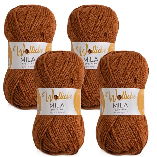 Wollidu Mila Garn zum Häkeln und Stricken 4 x 50g/133m Strickgarn 100% Polyacryl Häkelgarn Fuchs Braun
