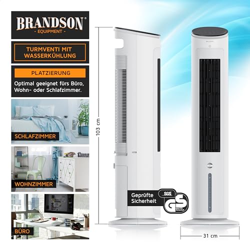 Brandson - Turmventilator mit Wasserkühlung - leise - mobile Klimaanlage ohne Abluftschlauch - 4,6 L Wassertank - weiß  