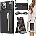 HOGGU Crossbody iPhone 14 Plus Case Wallet with Card Holder, Flip Leather iPhone 14 Plus Crossbody Case with Strap, Kickstand, Zipper Purse, Protective Square Phone Case Cover for Women Girls-Black