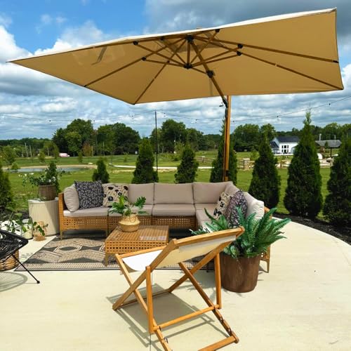 Image of PURPLE LEAF Patio Umbrella 9' x 12' 360 Rotation, Wood Grain, Beige