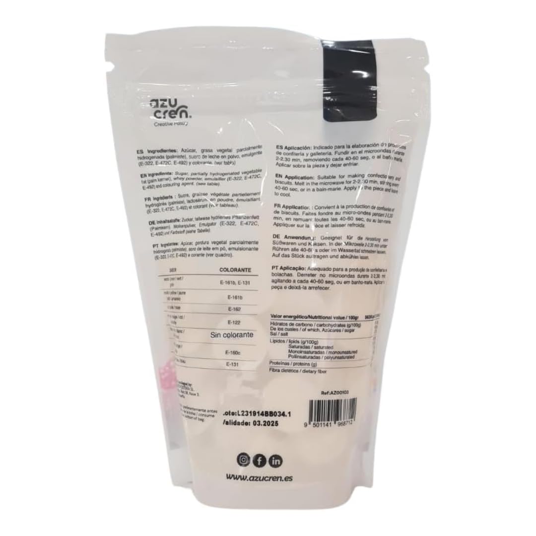 Azucren, Cobertura para Derretir, Sabor Similar al Chocolate, Ideal para Cubrir, Moldear, Bañar y Decorar Tartas, Cake Pops y Postres, Textura Cremosa y Fácil de Usar, 250 g (Blanco Brillante)