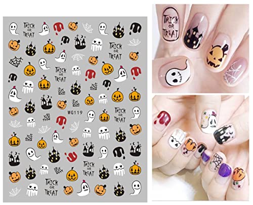 8 Sheets Halloween Nail Art Stickers Decals Self-Adhesive Pegatinas Uñas Cute Ghost Pumpkins Skull Spider Web Nail Supplies Nail Art Design Decoration Accessories #TOP2