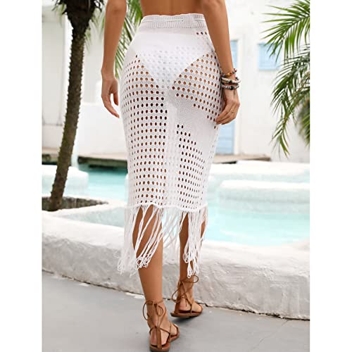 Saída de praia feminina de crochê, bainha de borla, cordão na cintura, saia de praia vazada de malha