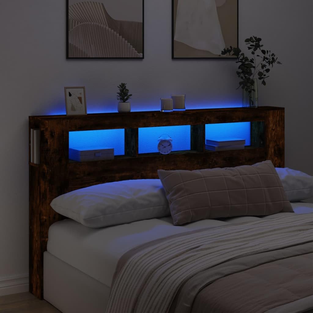 CFODOJ Camas y accesorios, cabeceros y estribos, cabecero LED, roble ahumado, 180 x 18,5 x 103,5 cm, madera de ingeniería