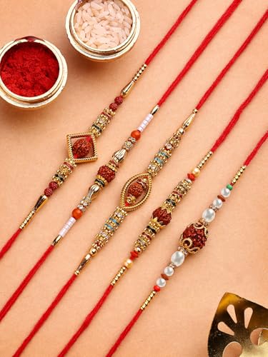 Image of Sukkhi Rakhi Classic Gold Plated with AD Stones & Pearls Rudraksha Rakshabandhan Combo Rakhi for Brother with Roli Chawal & Greeting Card|Set of 5|CBRAK107451