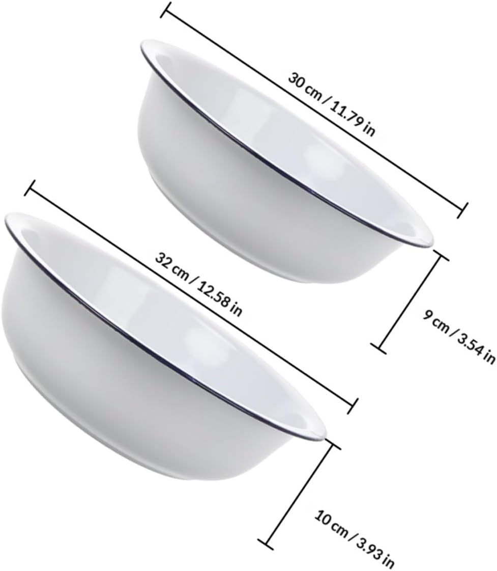 HOMSFOU 2-pcs Vintage Enamel Soup and Mixing Bowls Set, White Enameled Steel Basins 30cm 32cm, Retro Kitchen Wash and Dough Bowls for Home Cooking