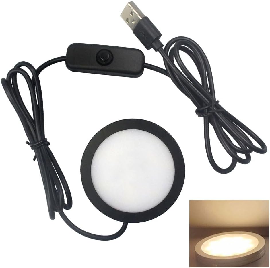 LED Spotlight with Switch Indoor Mini Ultra-Thin 5V USB 3M Adhesive Sticker Surface Mounted Under Counter Lighting Wine Showcase Model Display Lamp Campus Black Desk Lighting (Warm White 3000K)