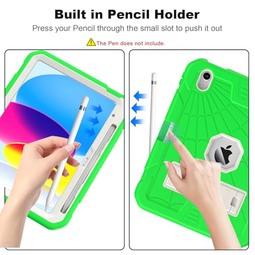 SIBEITU for iPad Case 11th A16/ 10th Generation 2025/2022, Heavy Duty iPad 10 Case with Built-in Kickstand & Pencil Holder, Hybrid 3-Layer Protective iPad 10th 10.9" Cover for Kids Boys Girls, Green