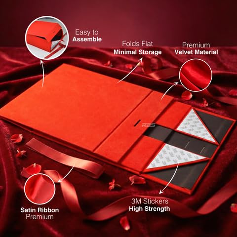 Image of RBS-Medium Red Gift Box Empty 26x26x10cm Premium Velvet Material Gift Packing Box with Ribbon (1 Pack) Holds Upto 8 kg Ideal for Gift Hamper Boxes for Empty and All Occasions Giff Boxes (Red Velvet)