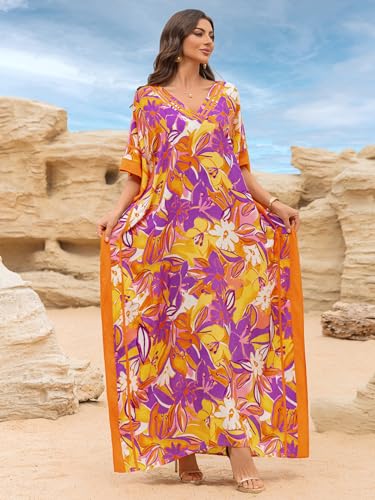 Image of KECVOT Kaftan Dresses for Women V-Neck Print Swimsuit Cover Up Plus Size Beach Caftan Lounge Dress