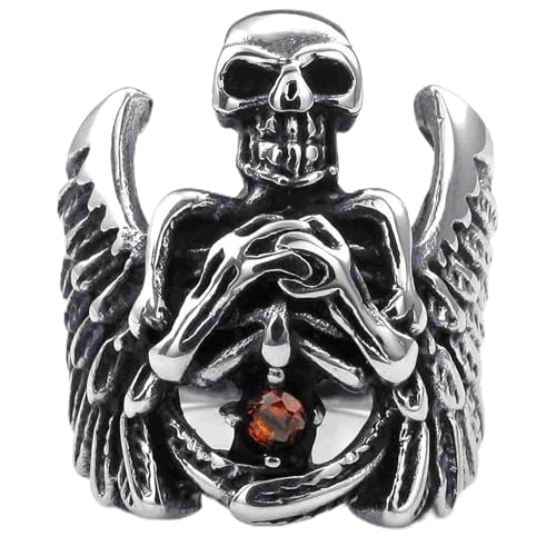 Bague biker rouge cadeau homme idéal style gothique ange et démon avec pierres CZ
