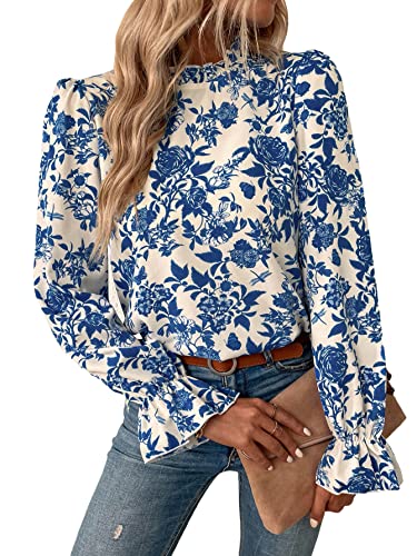 MakeMeChic Women's Floral Print Long Sleeve Ruffle High Neck Blouse Shirt Top