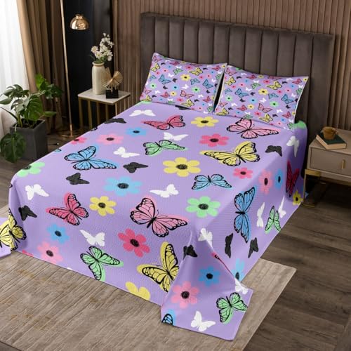 Manfei Butterfly Bedspread King Size,Watercolor Flower Butterfly Coverlet Set 3pcs,Cartoon Floral Quilted Coverlet with 2 Pillowcases, Kids Boys Room Decor, Soft Bedding Quilt