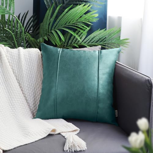 Image of BRAWARM Teal Leather Throw Pillow Covers 16 X 16 Inches - Faux Leather Pillow Cover with Piping, Hand Stitched Leather Throw Pillow for Couch Sofa Bed Living Room Home Decorative