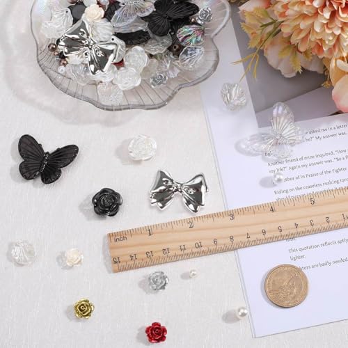 SUNNYCLUE 264Pcs Resin Beads Charms 3D Flatback Assorted Plastic Beads Bulk Black White Gothic Halloween Butterfly Charms Glitter Rose Flower Bead Cabochons Pearl Bead for jewellery Making Kits - Image 3