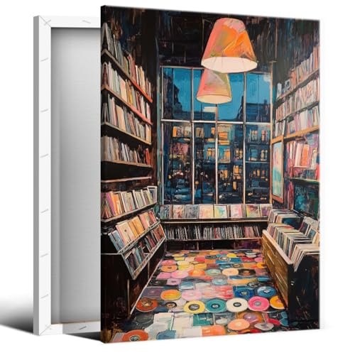 Image of Vinyl Record Store Poster, Music Canvas Wall Art, Album Cover Art Print, Retro 90s Musical Room Wall Decor, Vintage Album Posters for Room Aesthetic, Record Picture for Wall 16x24in Wrapped Canvas