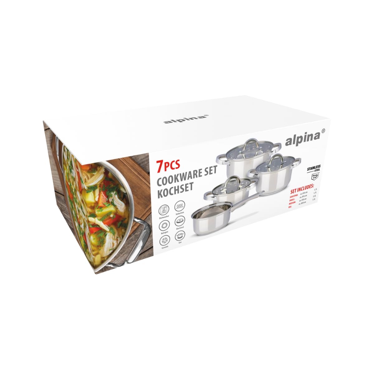 Alpina Set di pentole a induzione 4 pezzi – pentole in acciaio inox con coperchi in vetro – Set pentole per tutti i fuochi – pentole a induzione – utensili da cucina in acciaio inox
