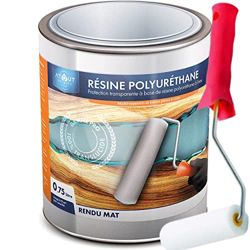 Résine polyuréthane MAT 750 ML mono- composant, incolore, vernis, vitrificateur, protection polyvalente, multi-usages et son rouleau adapté à la bonne application de la résine.