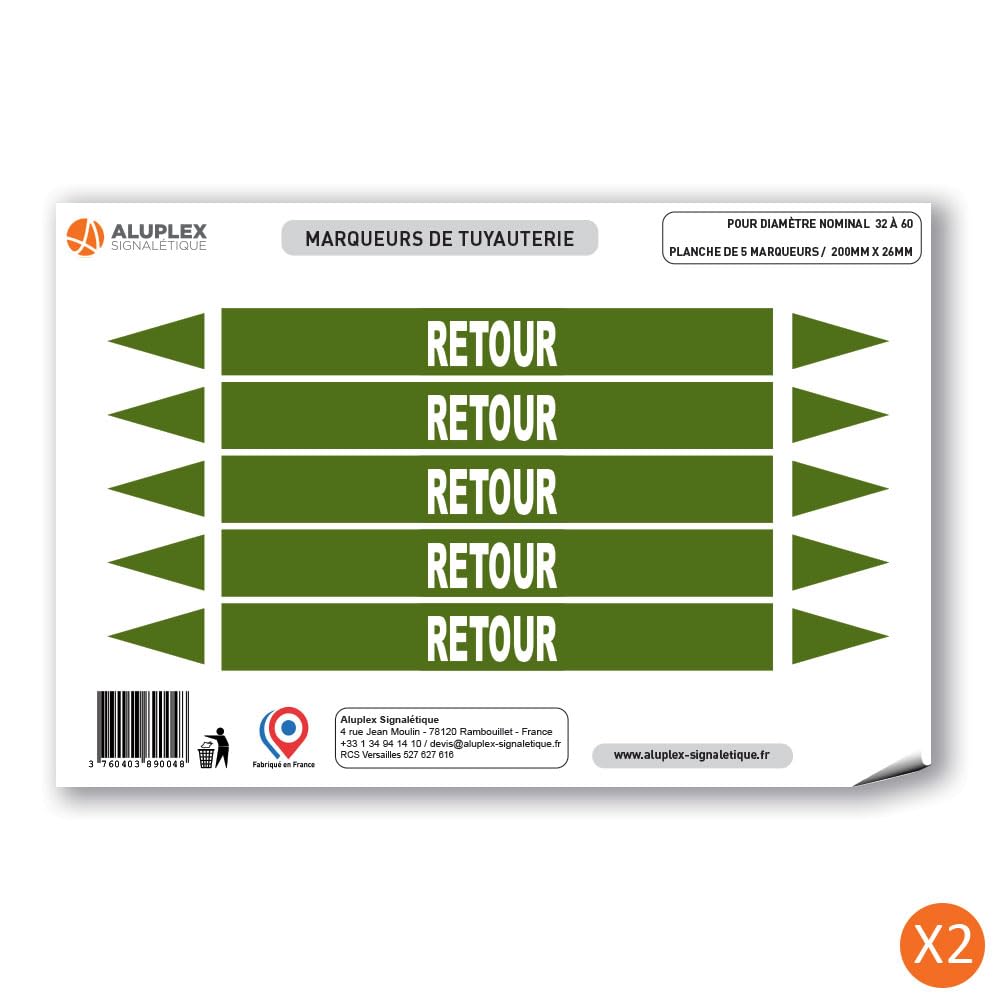 Planche de 10 marqueurs de tuyauterie EAU (Ø DM 32 à 60) pour fluide RETOUR / 200 x 26mm