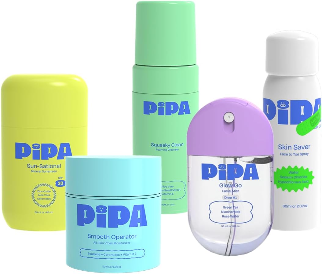 Pipa Ultimate Bundle – Complete 5-Step Routine with Gentle Cleanser, Hydrating Mist, Lightweight Moisturizer, Hypochlorous Acid Spray & Mineral Sunscreen – Safe Skincare for Kids