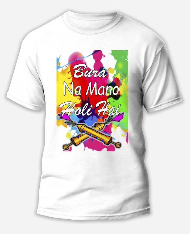 Image of Knitted Polycotton Fabric Regular Fit Men Boys Half Sleeve T-Shirt for Festival of Holi Style 12 White Size : Free