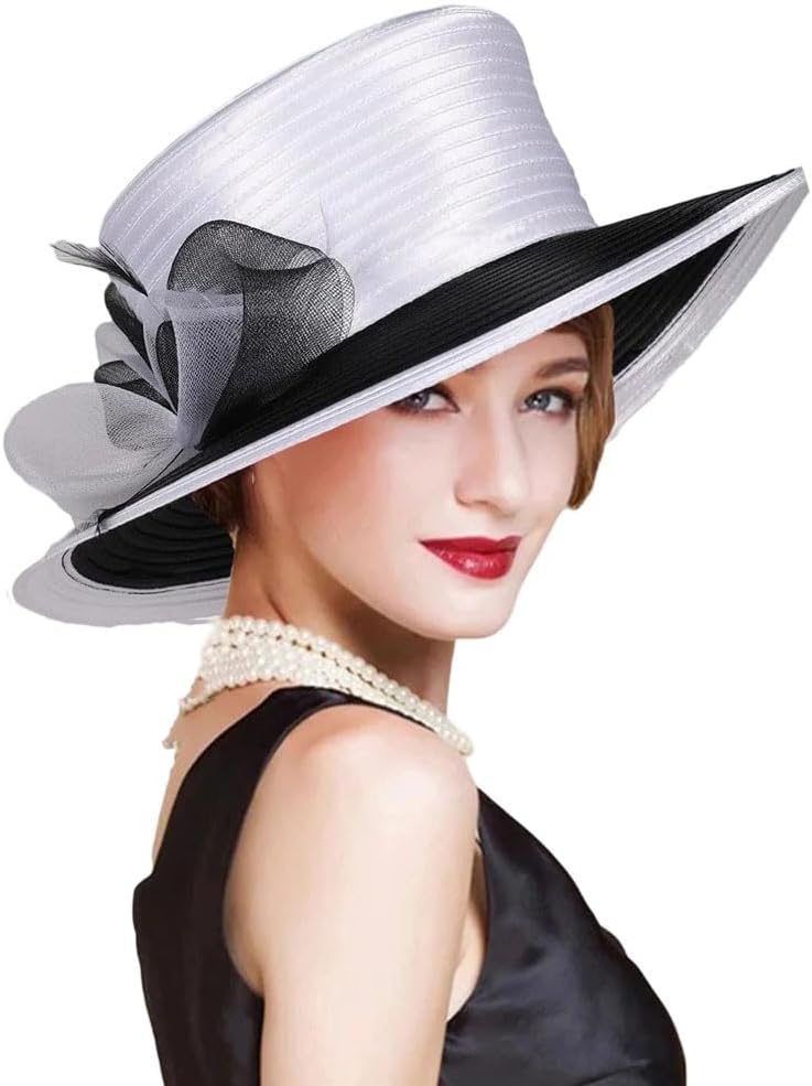 Women's Elegant Charming Bridal Cloth Strip Bowler Fedora Wide Brim Flat Top Bride Hat for Church Wedding Tea Party