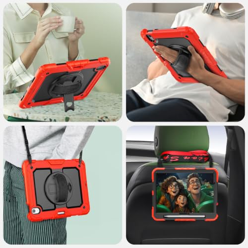 Image of SEYMAC Case for iPad Air 11 Inch M4 /M3 /M2 (2026 /2025 /2024), Red | Heavy Duty Shockproof Protective, Built-in Screen Protector, 360 Rotating Stand, Hand /Shoulder Strap, Pencil Holder