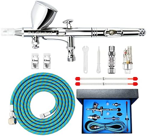 RJ-Global Airbrush Kit Dual Action Spray Gun, Air Brush for Painting Set with 0.3, 0.2, 0.5mm Needles/Nozzles/Air Cap, 1/3 oz Paint Cup, Air Hose, for Tattoo Nail, Makeup, Model, Art Hobby Painting