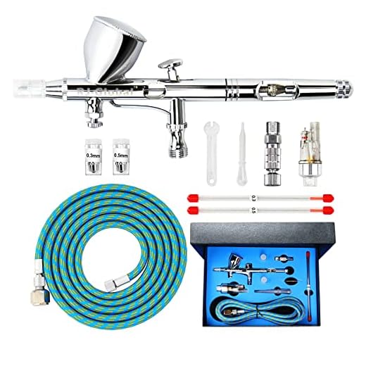 RJ-Global Airbrush Kit Dual Action Spray Gun, Air Brush for Painting Set with 0.3, 0.2, 0.5mm Needles/Nozzles/Air Cap, 1/3 oz Paint Cup, Air Hose, for Tattoo Nail, Makeup, Model, Art Hobby Painting