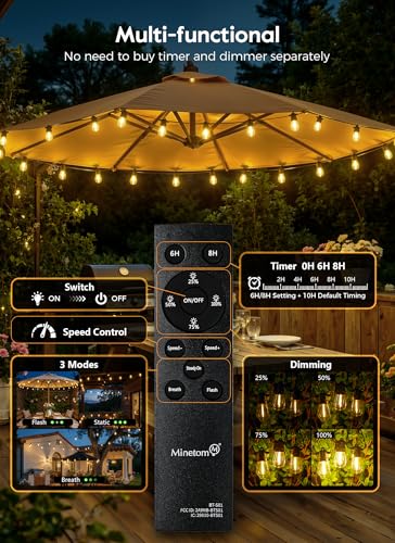 Image of Minetom 34FT Solar String Lights Outdoor Waterproof, 9 LED S14 Shatterproof Bulb, Patio Lights with Remote Type-C Port Timable, 3 Light Modes Dimmable Solar String Lights for Outside, Yard, Camping