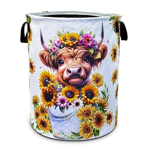 Image of Highland Cow Laundry Basket Sunflower Flower Foldable Oxford Cloth Funny Tote Bag Laundry Hamper Clothes Storage Bucket Toy Organizer For Bathroom/Laundry Storage/Bedroom 18.9x16.5 Inch