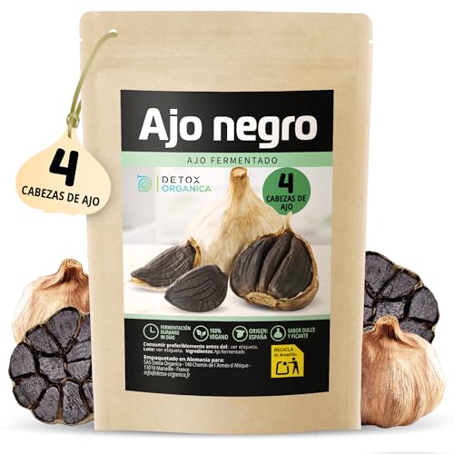 Detox Organica - Ajo Negro - 4 Cabezas Fermentadas - Dientes Enteros - Fermentación de 90 Días - 100% Natural - Ajos Negros - Fresco, Sabor Picante - Agridulce y Versátil - Vegano