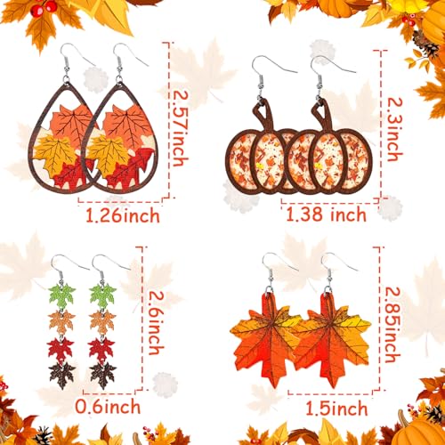 4 Pairs Fall Autumn Thanksgiving Earrings, Metal Red Maple Leaf Earrings Jewelry Accessories Leather Pumpkin Maple Leaf Shape Thanksgiving Celebration Party Fashion Autumn Pendant Fun Hook Earrings2