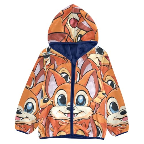 Boys Girls Fleece Jacket Cartoon Big Eyes Happy Fox Kids Warm Hooded Outwear Coat