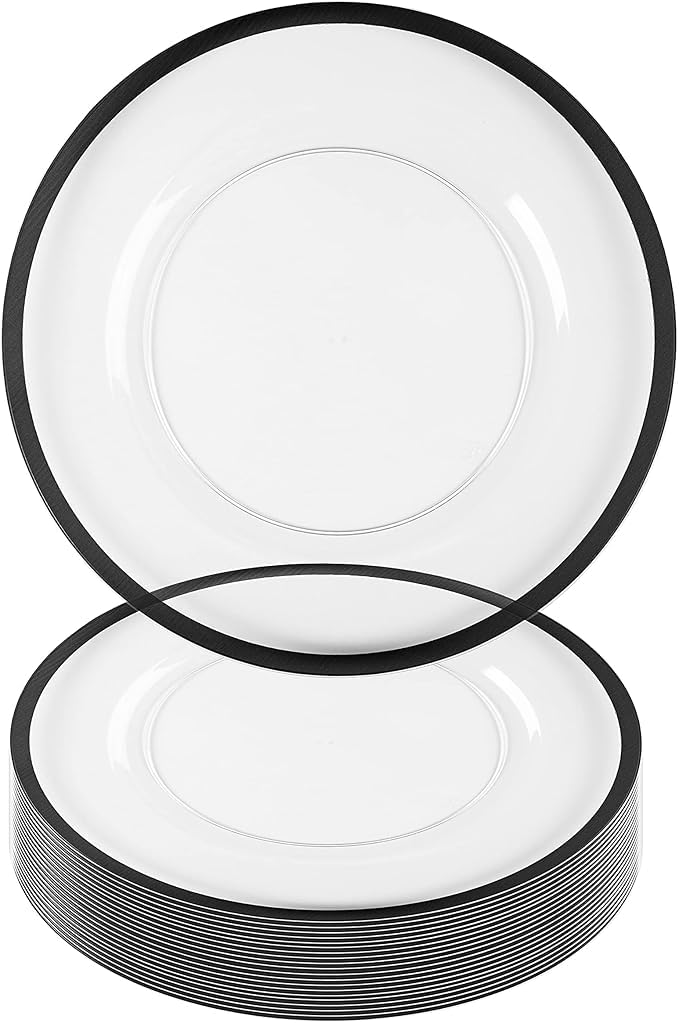 PARTY BARGAINS 13-Inch Charger Plates - 16 Pack, Clear Black Rim, Heavy-Duty Disposable Chargers for Elegant Dining - Ideal for Weddings and Formal