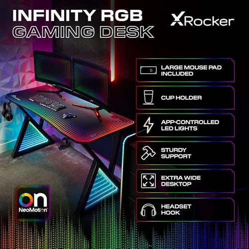 X-Rocker Infinity RGB Gaming Desk 140 x 60cm, Large Gaming Table for Laptop Home Office Desk, with Headphone Hook and Cup Holder, Includes FREE Mouse Pad BLACK - Image 5