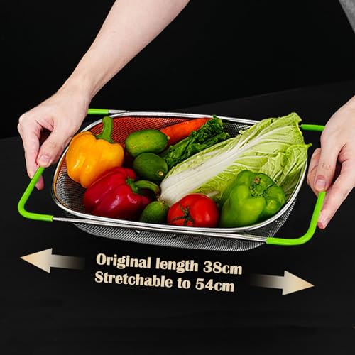 Extendable Over The Sink Colander Basket(38-54cm),Stainless Steel Fine Mesh Draining Baket for Kitchen,Draining Pasta,Washing Vegetables,Rice,Fruit and Dish Storage-Green - Image 5