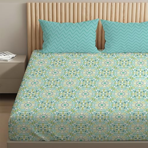 Image of Livspace Cotton Super King Size Bedsheet for Double Bed | 108 inch x 108 inch | 144 TC Flat Cotton Bedsheet with 2 Pillow Covers, Soft & Breathable - Bello Pure Nest Collection (Teal)