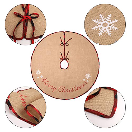 Macting Countryside Burlap Tree Skirt Christmas Merry Christmas Snowflake Printed With Red And Black Plaid Buffalo Edge Xmas Gifts New Year Holiday Decorations­ (30", Merry Christmas Printed) #TOP3