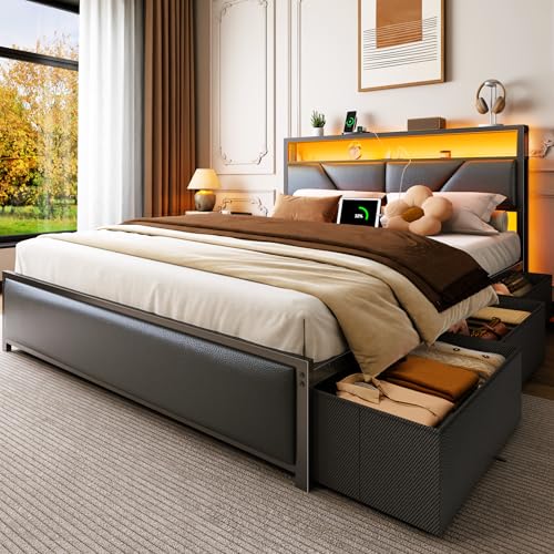 OURPIC Queen Bed Frame, 2-Tier Storage Headboard & 6 Drawers, PU Leather Upholstered Queen Size Platform Bed with Charging Station and LED Lights, No Box Spring Needed, Noise Free