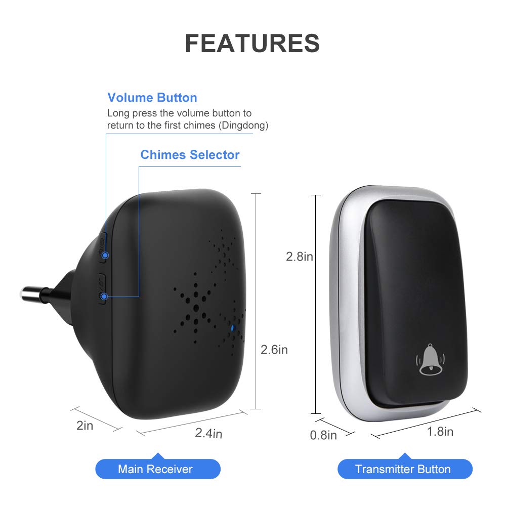 Campanello Radio Senza Batteria, PDGROW Campanello Senza Fili Impermeabile Campanello Wireless Autoalimentato Una Portata di 150m con 2 Ricevitori, 38 Melodie, 4 Livelli di Volume e Flash LED - Nero